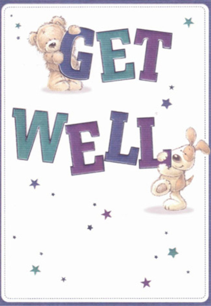 This get well card is a celebration of encouragement, artfully composed with beloved, gentle characters that will resonate in any St Luke's home. A friendly amber bear with impossibly soft fur stretches from atop the arched 'GET,' while a floppy-eared pup, equally cuddly, gazes up from below the bold 'WELL.' Their playful interaction is framed by twinkling stars in cool blues and violets, which float across a crisp, pure white background reminiscent of the airy mornings in St Luke's. The confident lettering, rendered in graduated shades of teal and purple, anchors the scene with joyful reassurance. There's a marvelous tactile quality-one can almost sense the velveteen ears of the puppy and the plushness of the bear, crafted as carefully as any local bouquet meant to convey warmth and healing. Picture sending this card alongside a hand-picked arrangement from a trusted St Luke's florist: their combined message becomes a radiant gesture of positivity, embracing both innocence and genuine care. It's a visual and emotional salve, thoughtfully designed for anyone needing a little extra comfort within our close-knit neighbourhood.
