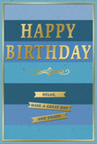 The birthday card in the image is a beautifully balanced composition of cool blue stripes and luminous gold details, evoking an easy, relaxed celebration in the heart of St Luke's. The entire background is formed by broad, horizontal bands of blue, gradually transitioning from a deep navy at the bottom through rich sea and teal blues, and into a lighter, almost cloud-like blue towards the top. These stripes create a gentle gradient that feels soothing, like watching the sky change above the rooftops at the end of a calm day. Centered against this layered backdrop, the words "HAPPY BIRTHDAY" appear in tall, embossed gold capital letters. The metallic foil shimmers softly, picking up highlights without becoming flashy, as if lit by soft indoor light through a nearby window. Directly beneath the greeting runs a delicate golden flourish, its smooth curls suggesting traditional penwork and adding a hint of timeless charm. Lower still, three slim, gold-foiled banners are neatly stacked one above the other, each carrying part of a friendly message: "Relax, have a great day and enjoy!" The text on the banners is clear and comforting, echoing the warmth of a thoughtfully chosen card handed over alongside a fresh bouquet. A narrow gold frame surrounds the entire design, giving the card a finished, almost gallery-like appearance. The overall effect is one of quiet joy and composed elegance, perfect for a birthday greeting that feels personal, calm, and gently celebratory, as if chosen by someone who knows the understated character of St Luke's well.